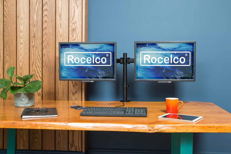 Rocelco Premium Desk Computer Monitor Mount - Standard Pattern Fits 13" - 27" LED LCD Dual Flat Screen - Double Articulated Full Motion Adjustable Arm - Grommet and C Clamp - Black (R DM2) - Image 3